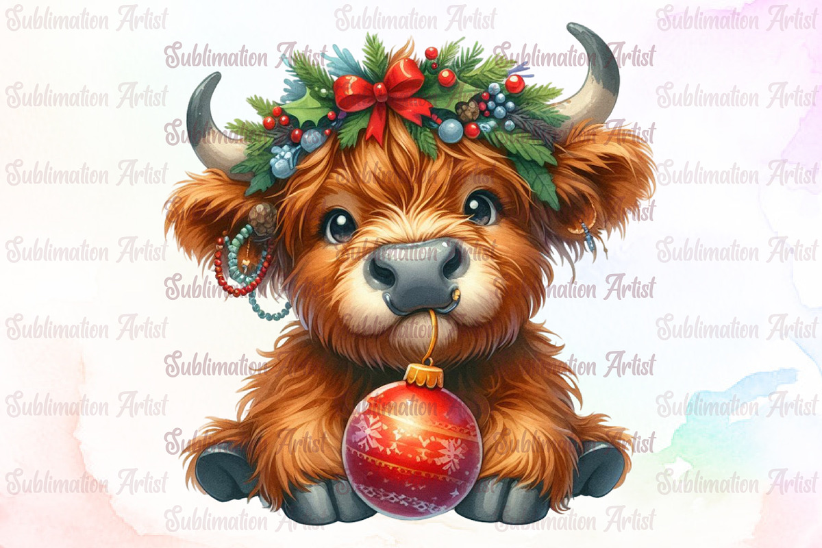 Cute Christmas Highland Cow PNG, an Illustration by Sublimation Artist (Photo 1 of 9)