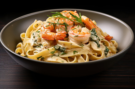 Italian pasta with creamy sauce and shrimp on plate. Generative aI, a Food & Drink Photo by AlyaAnd