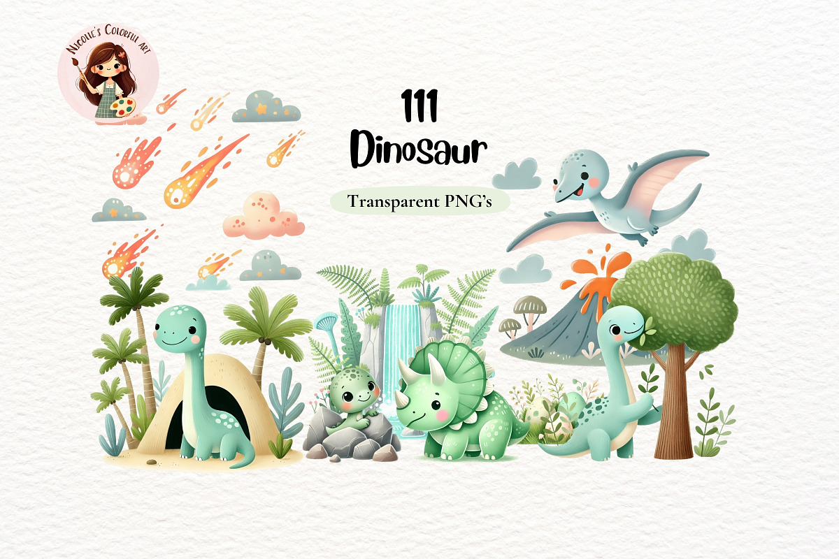 Watercolor Dinosaur Clipart Set, an Animal Illustration by Nicolle's Colorful Art (Photo 1 of 8)
