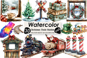 Christmas Train Station Clipart, an Illustration by Black Bird Studio