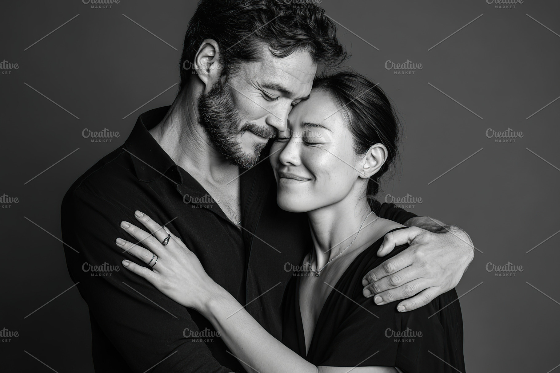 Couples embrace in black and white portrait capturing love and connection, a Photo by AlyaAnd