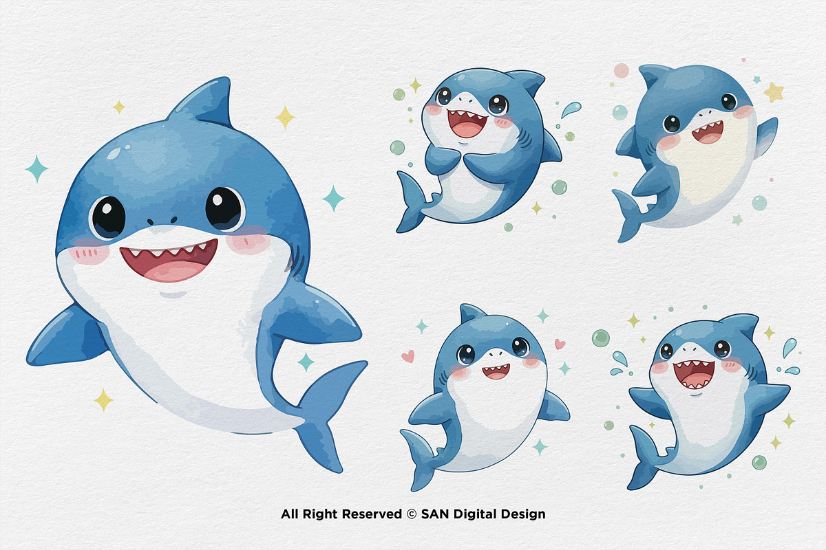 15 Bundle Watercolor Cute Shark Sea, an Animal Illustration by Morspective (Photo 5 of 8)