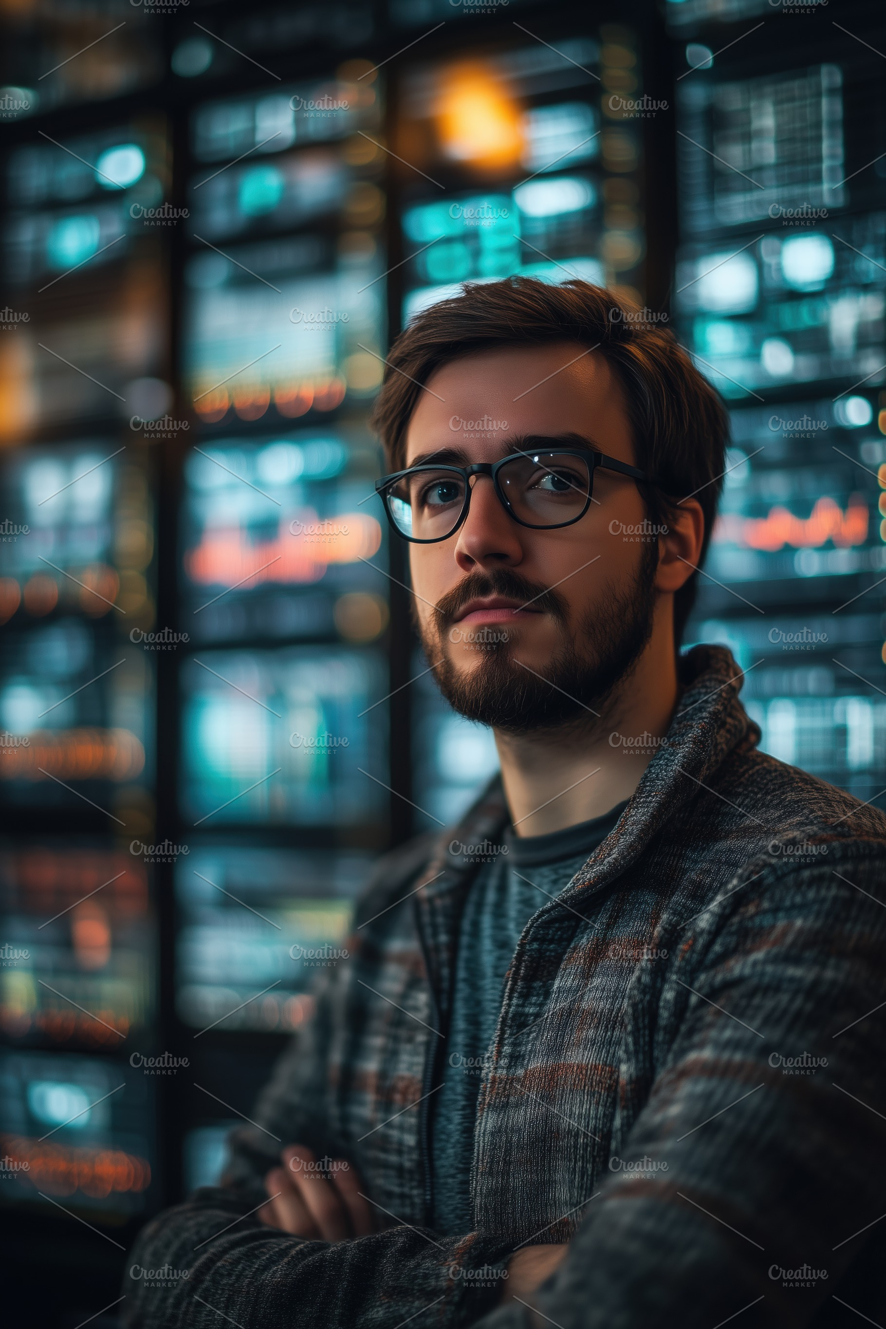 A Data Engineer young man with glasses and a beard stands confidently in front, a Person Photo by Textures & Backgrounds