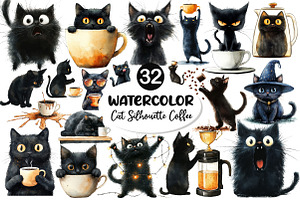 Cat Silhouette Love Coffee Clipart, an Illustration by Dream Creation