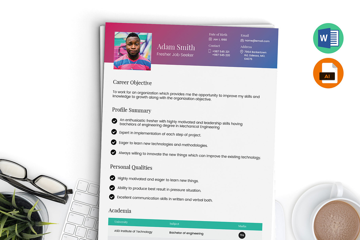Fresher Resume Template Word, AI, a Resume Template by Hervat (Photo 1 of 3)