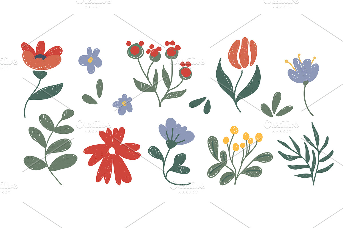 Crayon doodle flowers set isolated, an Object Illustration by art PVP - market