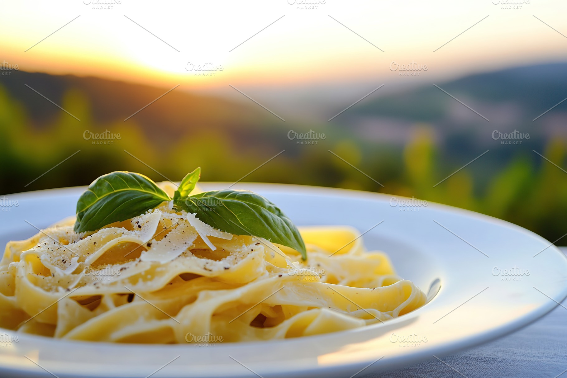 Fettuccine pasta with truffle served at sunset in a serene outdoor setting, a Food & Drink Photo by AlyaAnd