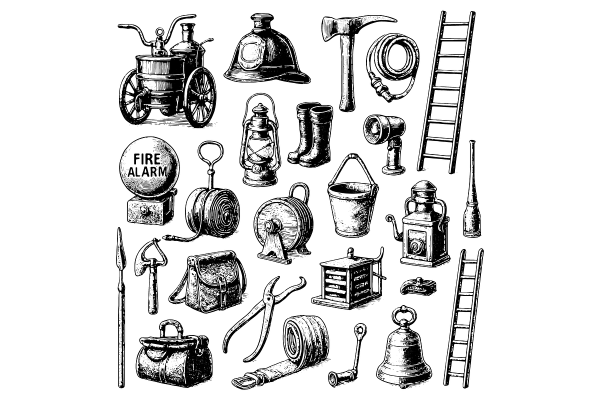 Antique Firefighter Equipment Set, an Object Graphic by nikagraphic