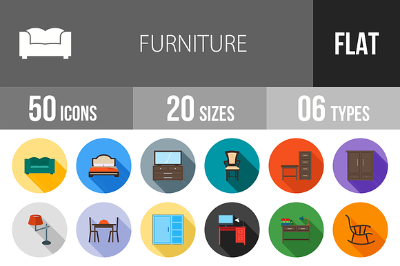 50 Furniture Flat Shadowed Icons preview 4