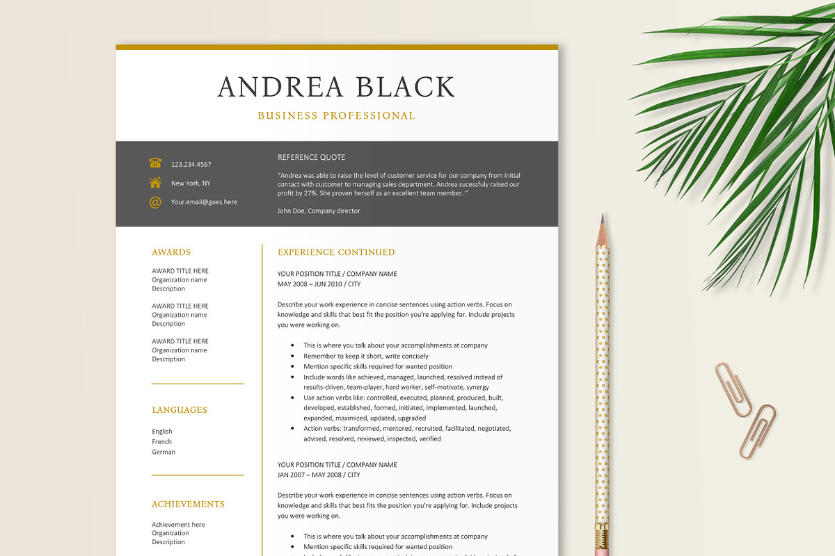 Black and Gold Resume Template, a Resume Template by Stanin Studio (Photo 3 of 10)