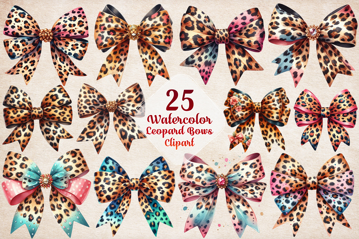 Watercolor Leopard Bows Clipart PNG, a Work Illustration by SinaCreation (Photo 1 of 5)