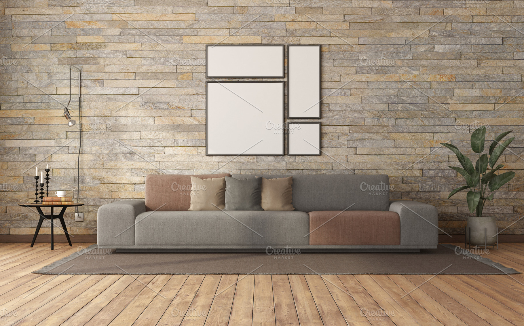 Minimalist living room with sofa against stone wall, an Architecture Photo by Archideaphoto