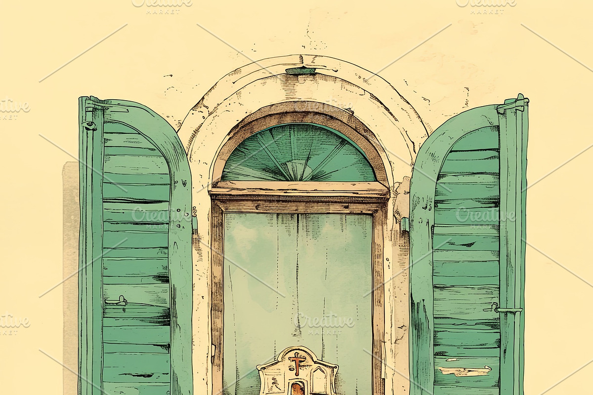 Vintage wooden window with green shutters and ornate religious decorative eleme, an Illustration by AS photostudio