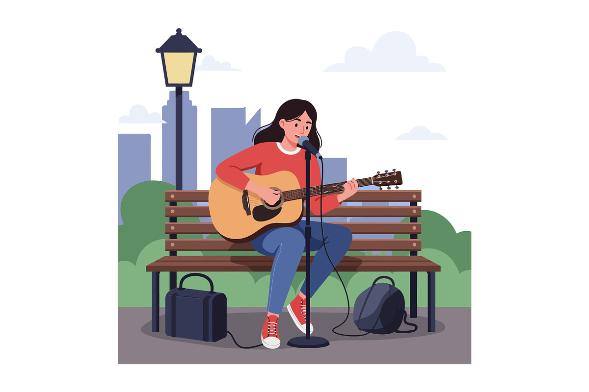 A young woman playing acoustic guita, an Illustration by designvectx