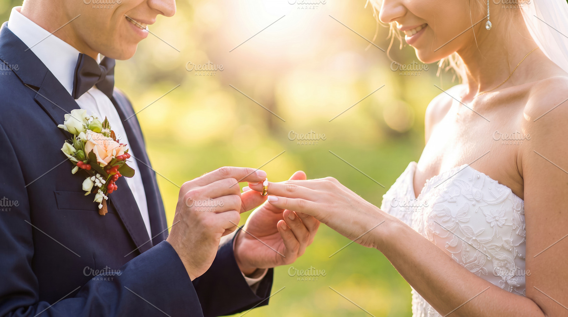 Groom Placing Wedding Ring on Bride Outdoors, a Person Photo by Davizro's Market