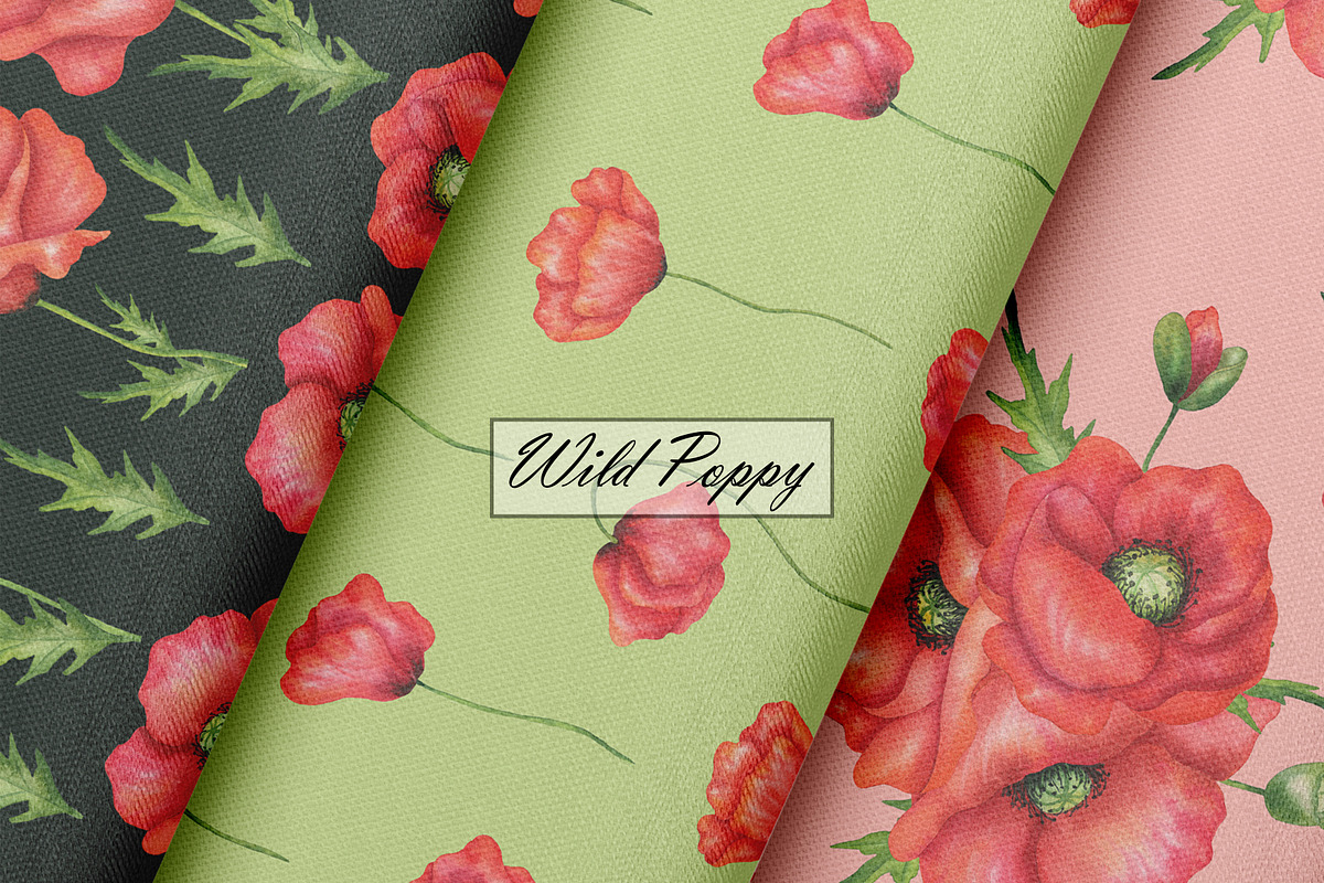 Watercolor Poppy Seamless Patterns, an Illustration by OlDm_Shop (Photo 6 of 10)