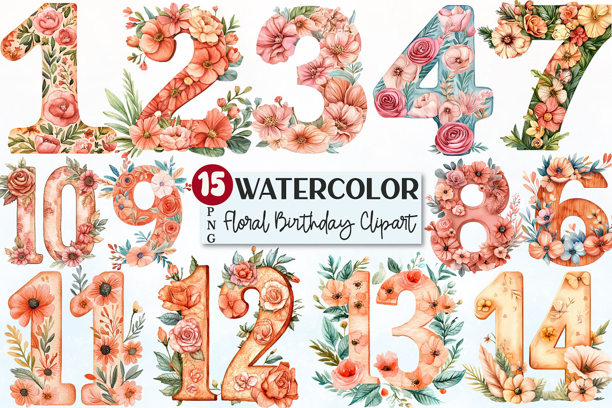 Floral Birthday Numbers Clipart, a Seasonal Illustration by Rose Art (Photo 1 of 4)