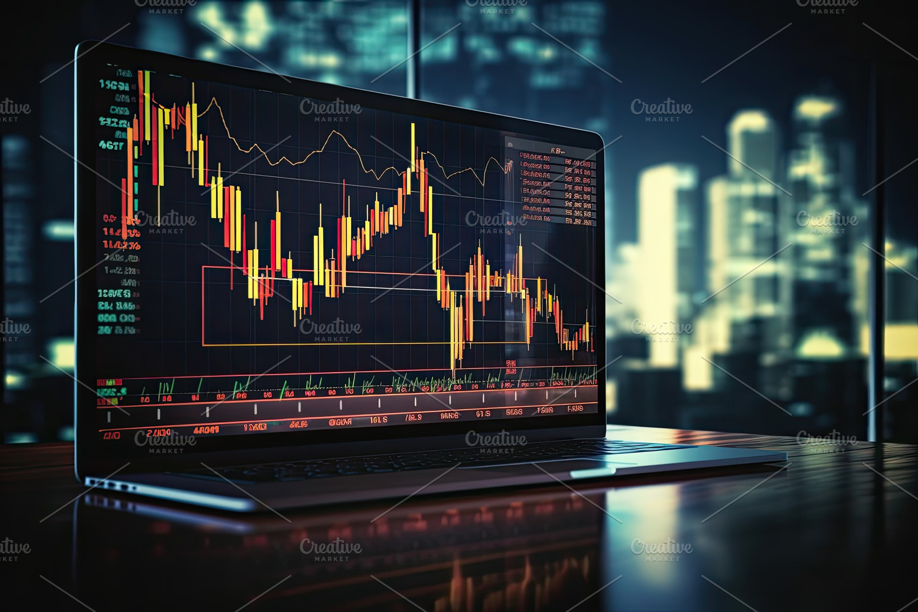 Laptop with stock market chart on sc, a Photo by Iftikhar Alam