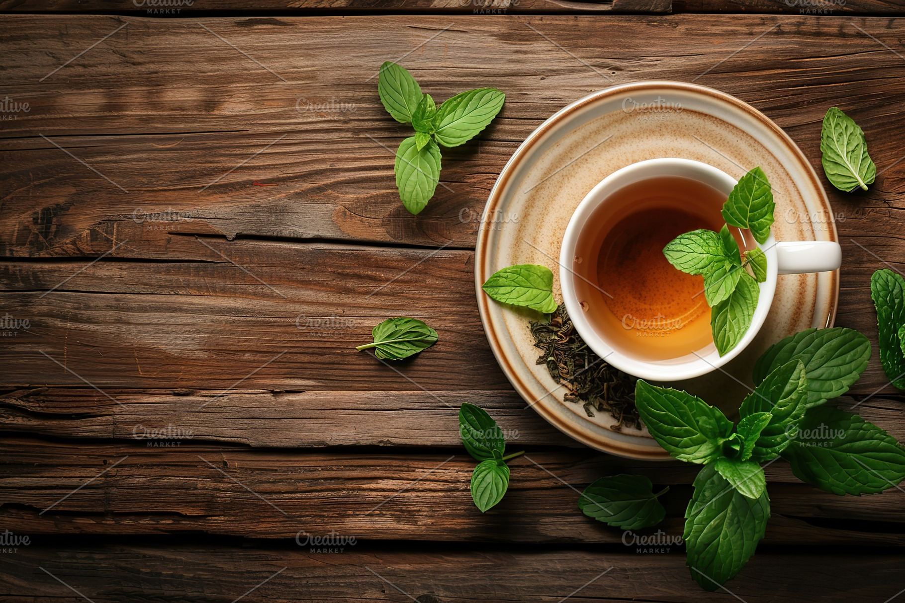 White cup of aromatic tea and green mint leafs on wooden background, a Food & Drink Photo by AlyaAnd