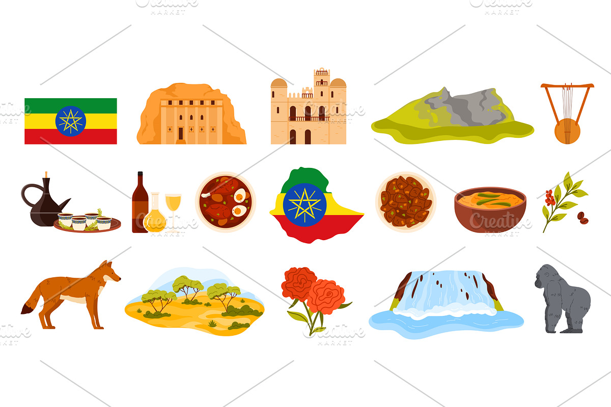 Ethiopia travel landmarks set, a Food Illustration by Flashvector