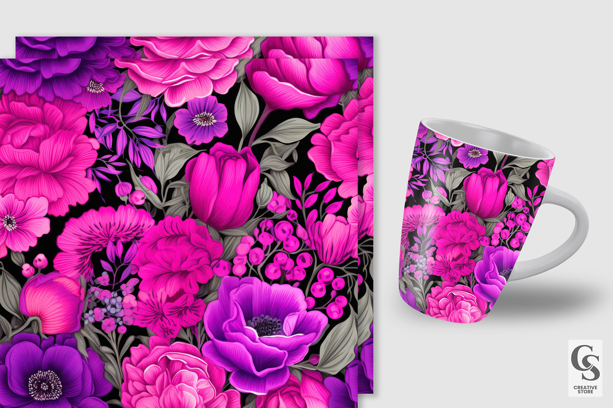 Hot Pink Purple Floral Patterns, a Pattern Graphic by Creative Store (Photo 4 of 5)