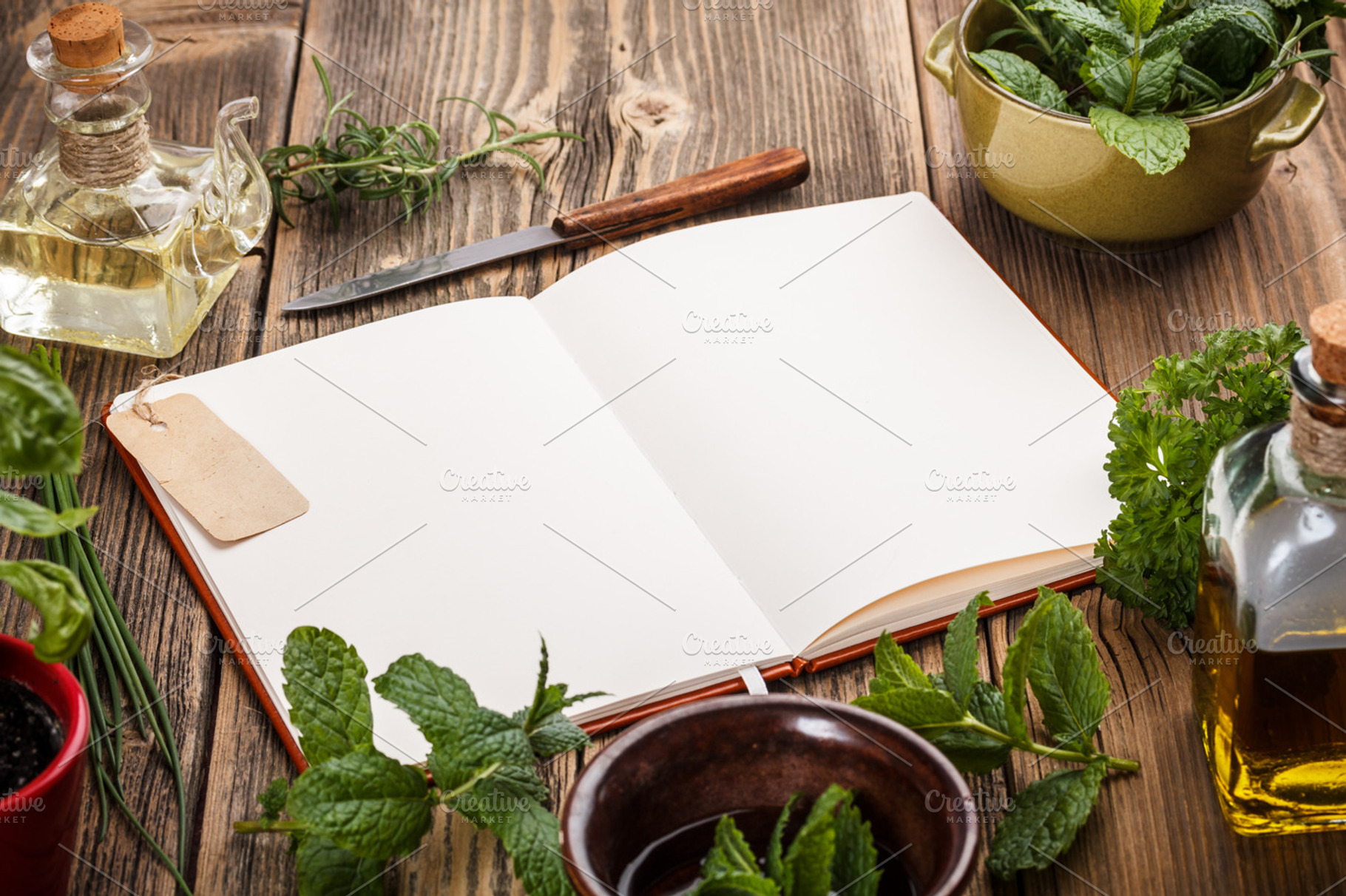 Blank cookbook containing cookbook, spice, and green