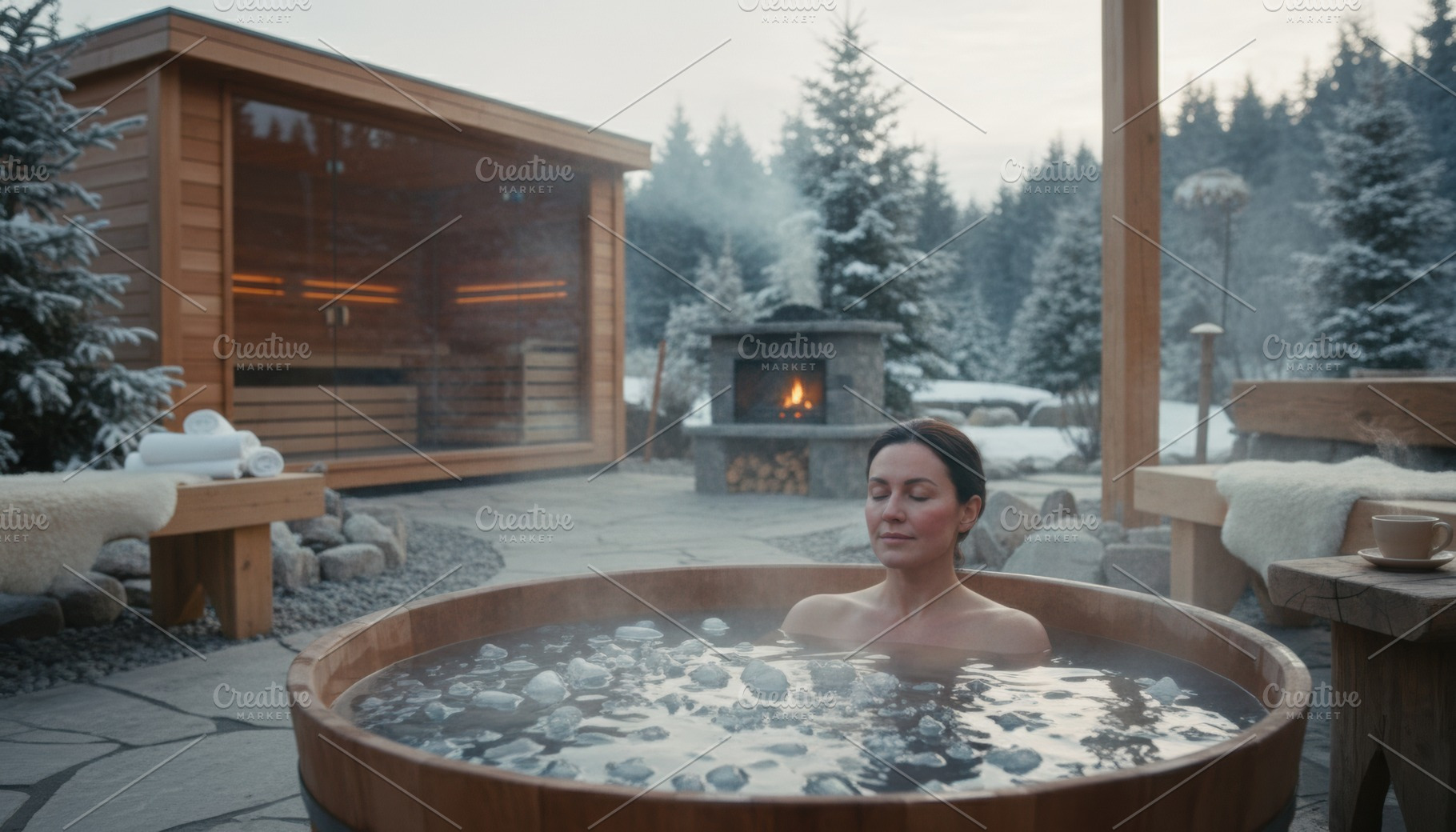 Woman in steaming bath at a snowy mountain resort, a Person Photo by Igor Tichonow
