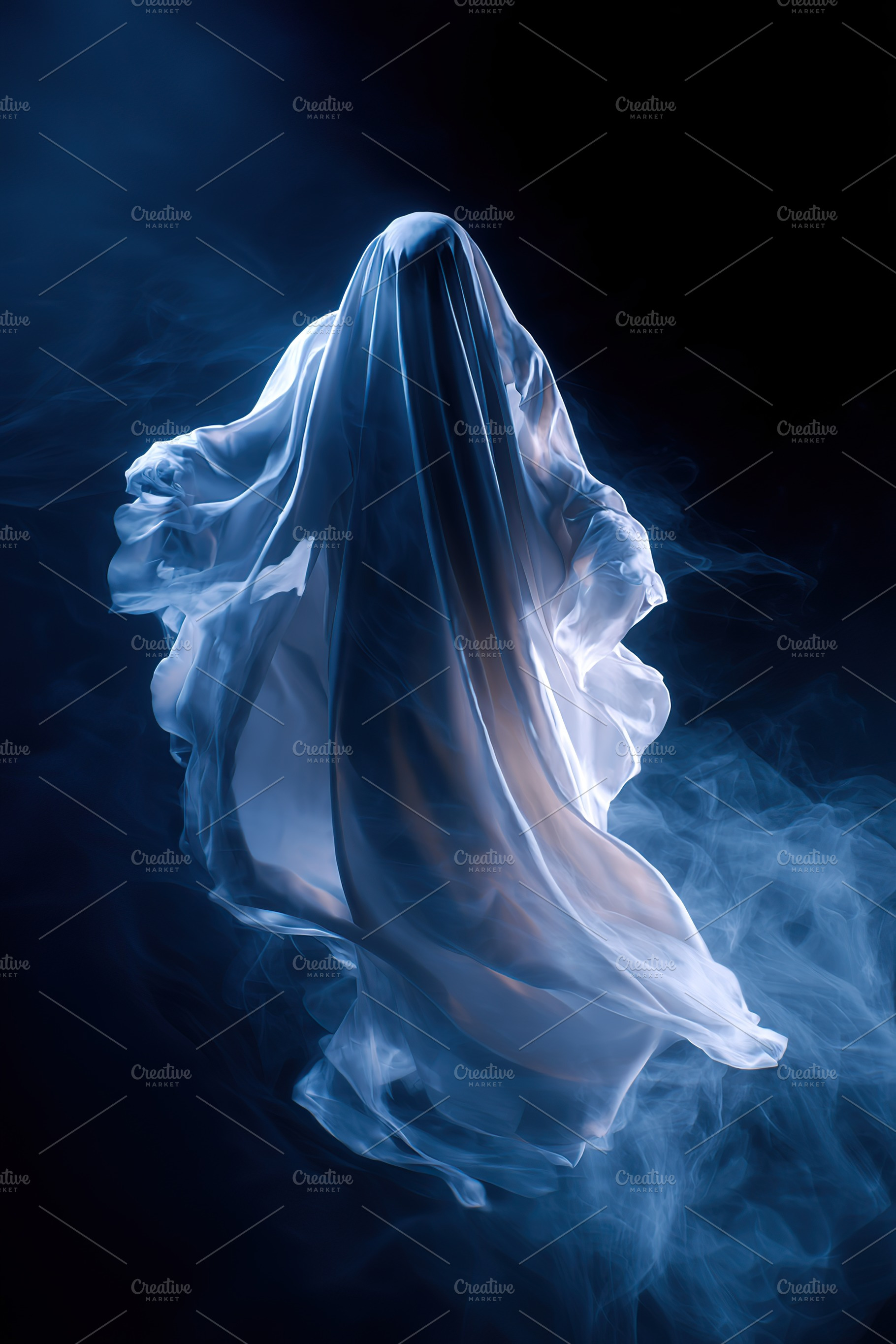 Ethereal figure shrouded in mist with flowing fabric in a dark, mysterious sett, an Arts & Entertainment Photo by AlyaAnd