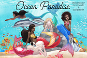 Ocean Paradise - watercolor mermaids, an Animal Illustration by Ekaterina Glazkova (Thumbnail 1 of 14)