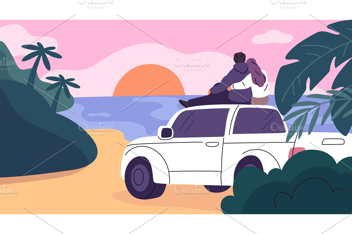 Couple with car looking back view, an Object Illustration by YummyBuum