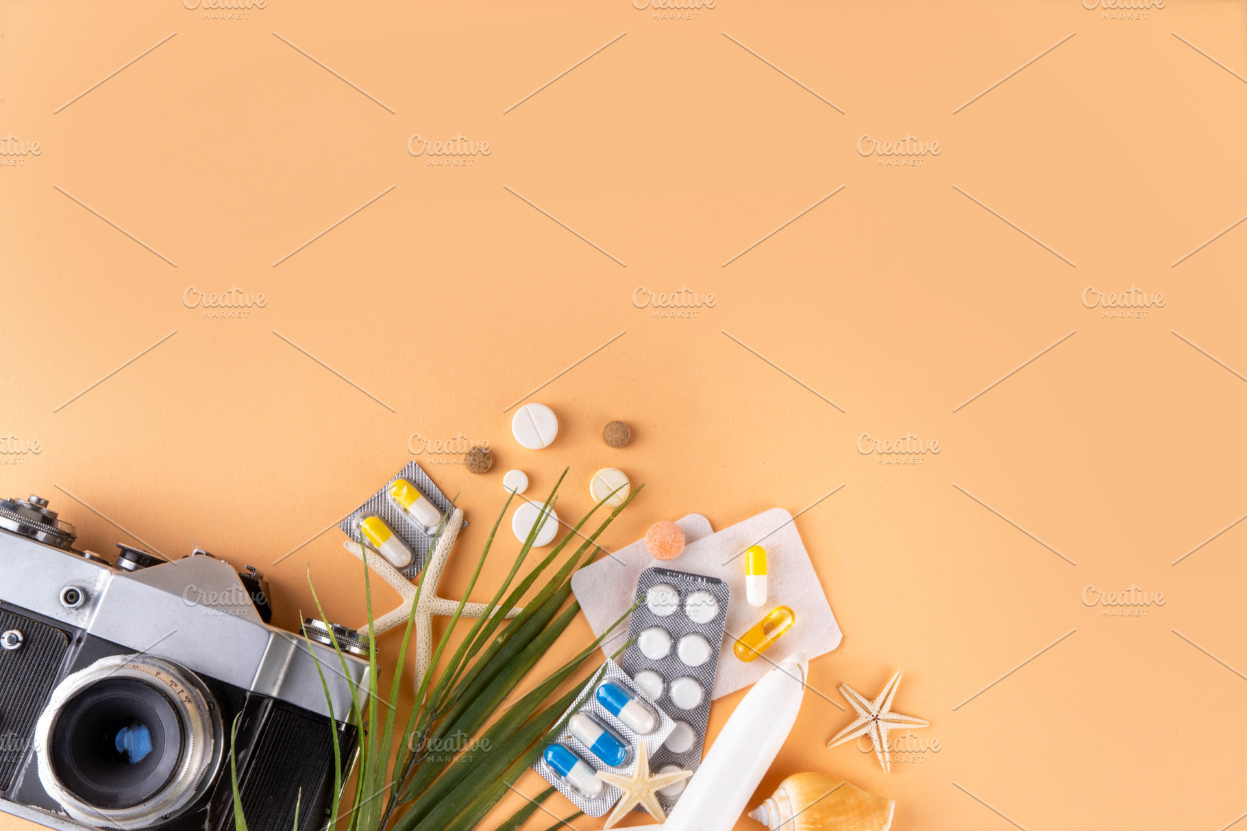 Summer holiday travel background including medications and vacat, a Health & Medical Photo by Rimma