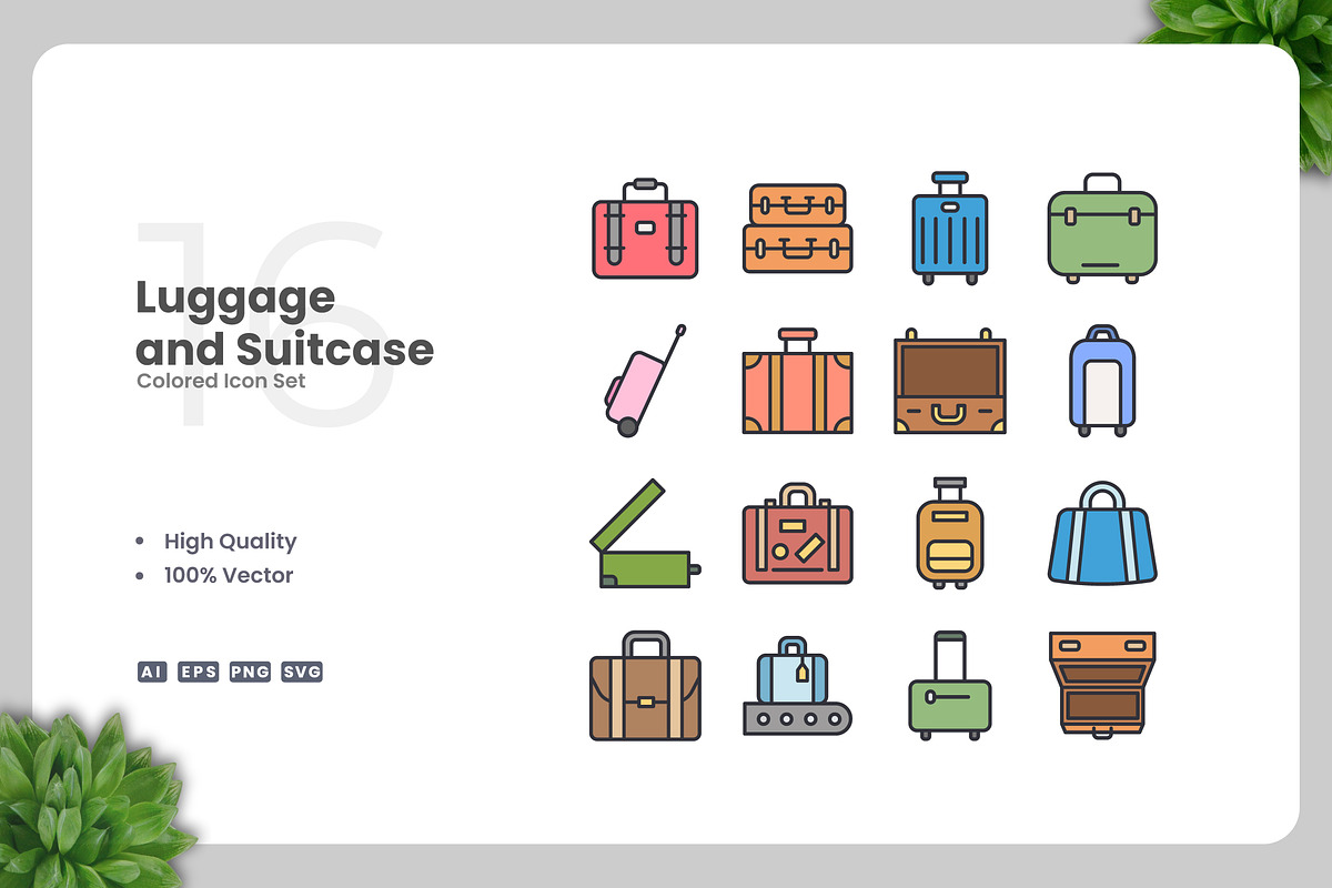 Luggage and Suitcase Colored Icons, an Icon by Upnowgraphic