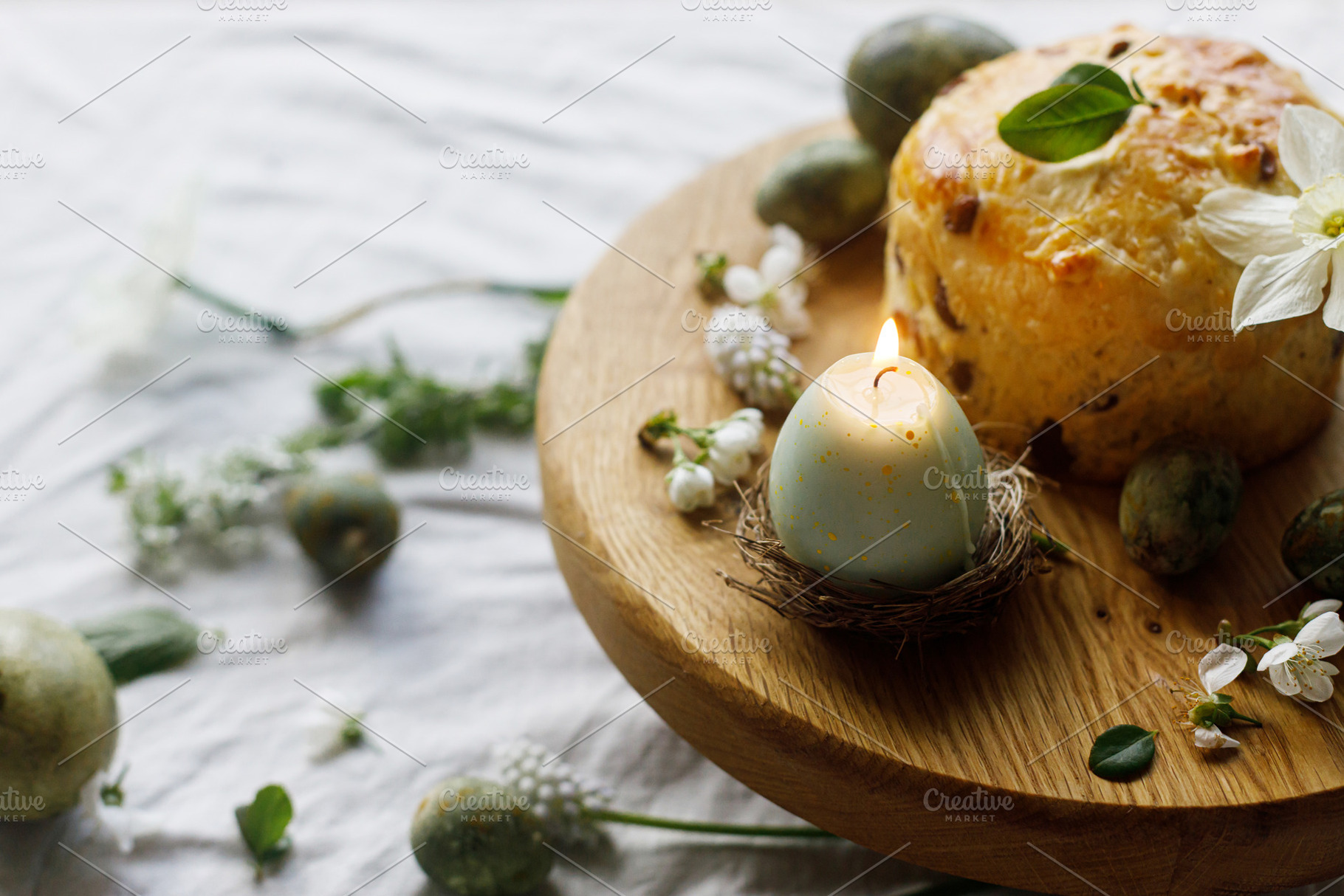 Happy Easter! Stylish dyed eggs, easter cake on wooden stand, sp, a Holiday Photo by Sonjachni