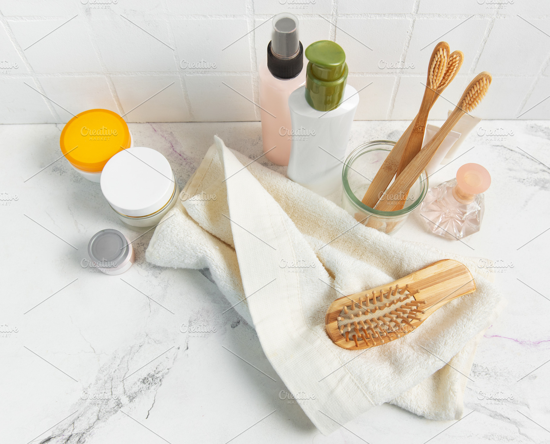 Bathroom essentials for daily self care and personal hygiene, a Beauty & Fashion Photo by Olena Rudo