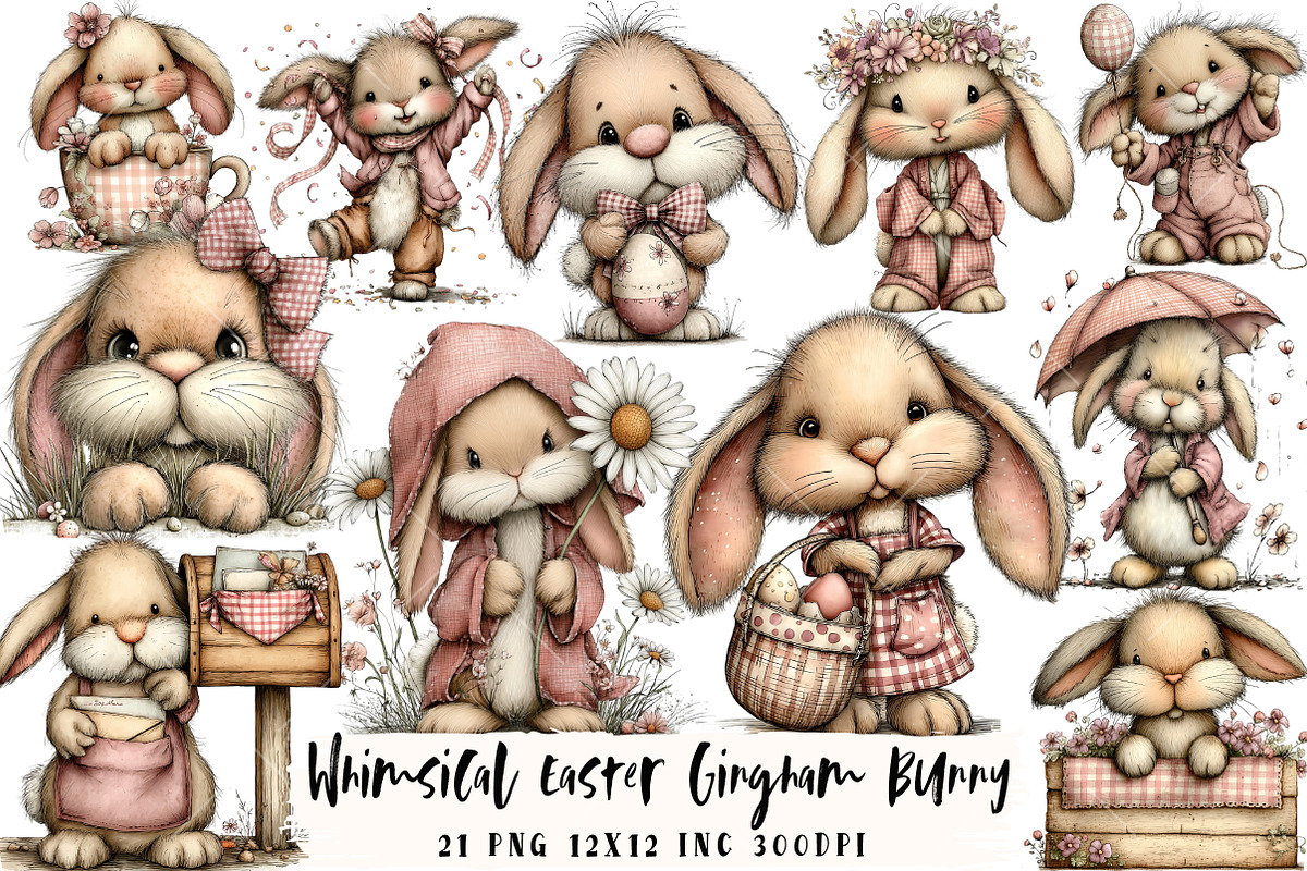 Whimsical Easter Gingham Bunny Clipa, an Illustration by OK Design (Photo 1 of 6)