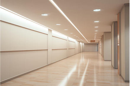 Sterile Large office blank corridor, an Architecture Photo by Ylivdesign