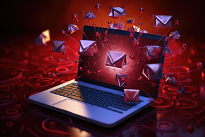 Laptop with email symbol on red back, a Photo by Iftikhar Alam