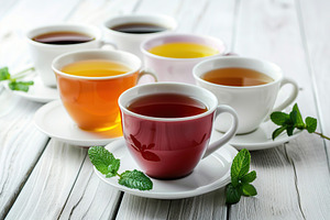 Different cups of aromatic tea on wooden table, a Food & Drink Photo by AlyaAnd