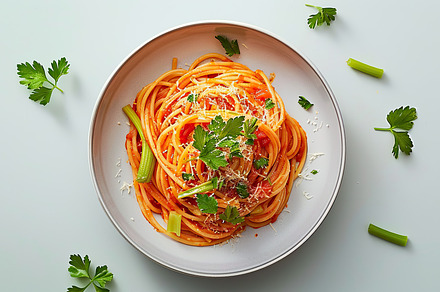 A plate of spaghetti topped with tom, a Photo by LOGOCREATIVE