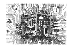 Retro mechanical computer wires and, a Technology Illustration by AlexArt