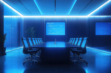 Modern boardroom interior with blue, a Background Photo by Pixeness