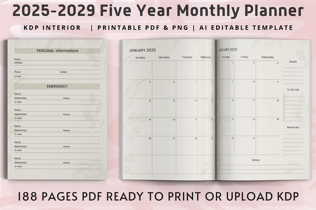 2025-2029 Five-Year Monthly Planner, a Print Template by Book2bees (Photo 1 of 7)