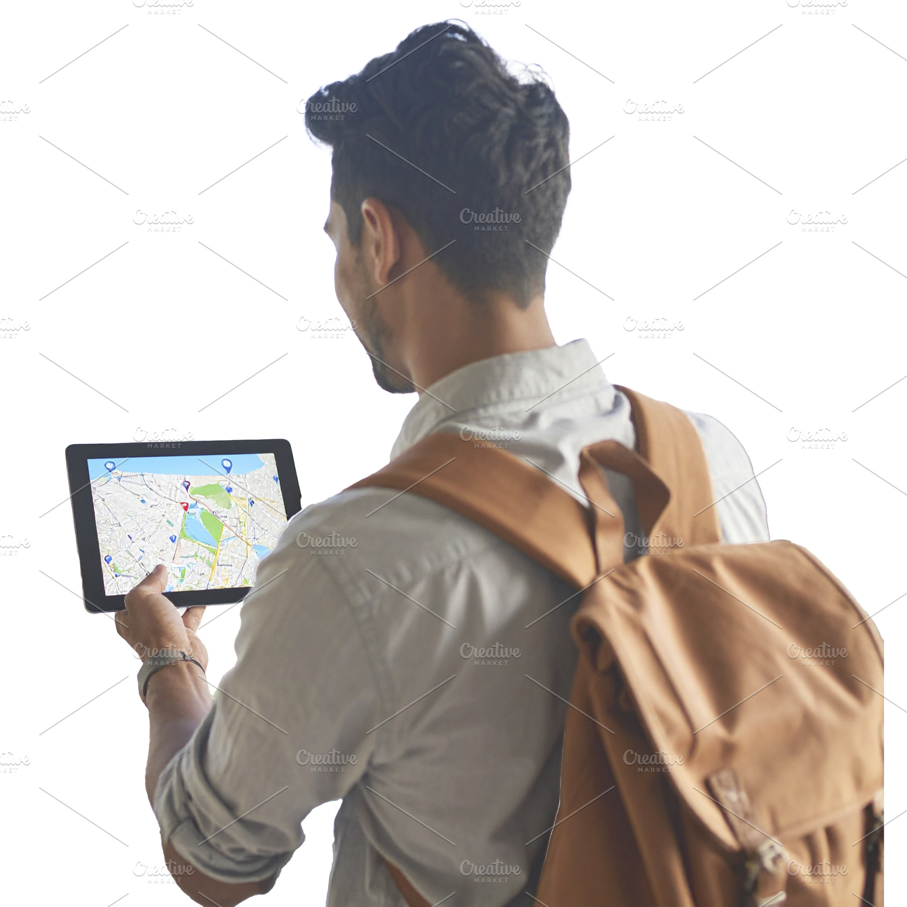 Traveler holding a tablet with map isolated photo, a Technology Photo by DanFLCreativo
