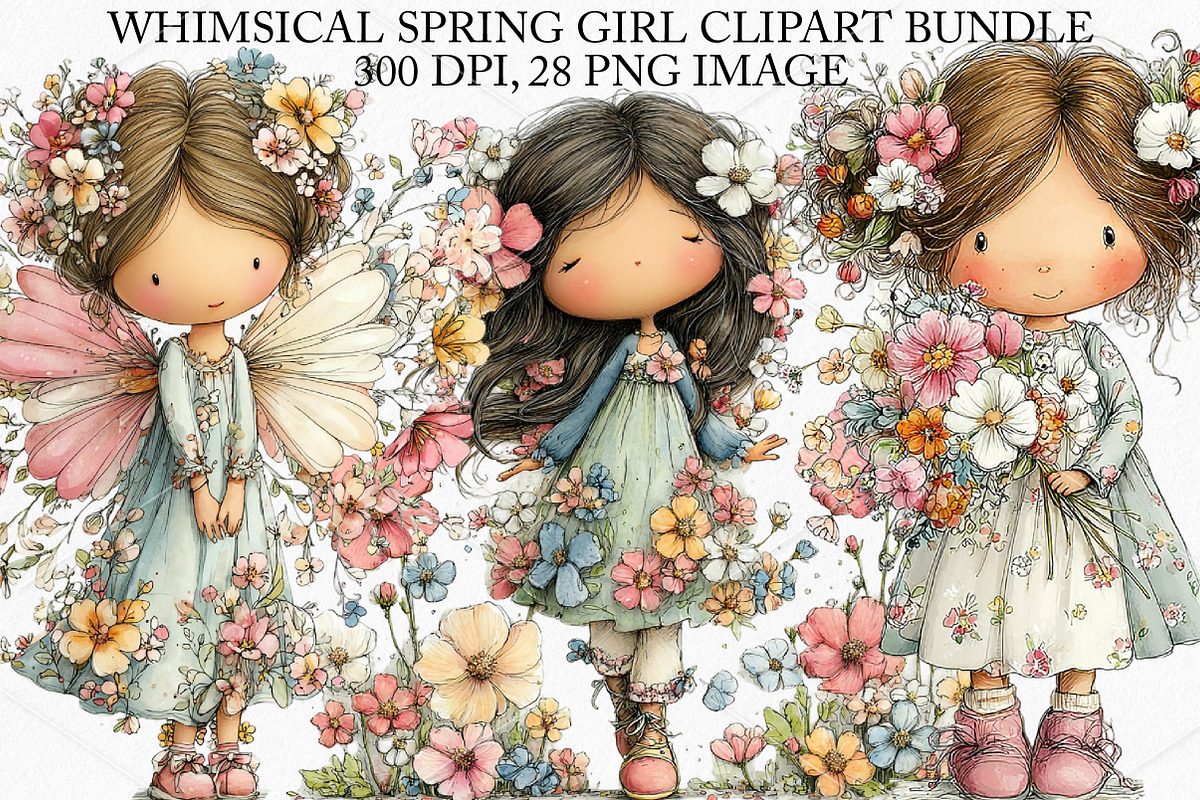 Whimsical Spring Girl Clipart Bundle, an Illustration by Canvas Craft (Photo 1 of 7)