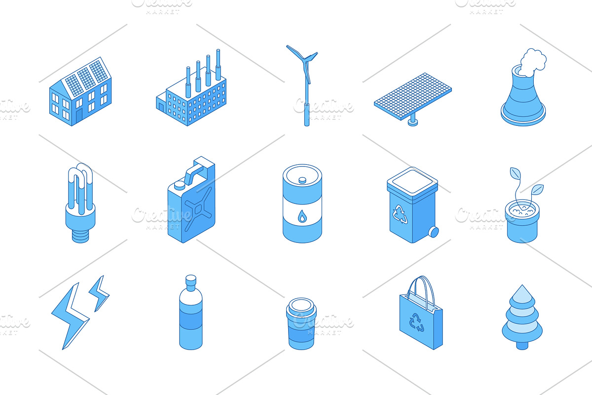 Outline isometric ecology icons. Eco, an Object Illustration by Valerie Bodnar