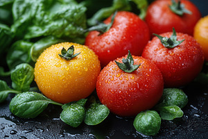 Freshly harvested tomatoes with drop, a Photo by Tanuart