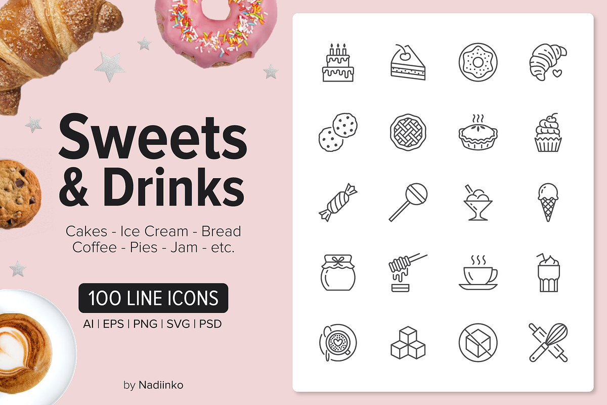 100 Sweets & Drinks Icons, an Outline Icon by Nadiinko (Photo 1 of 3)