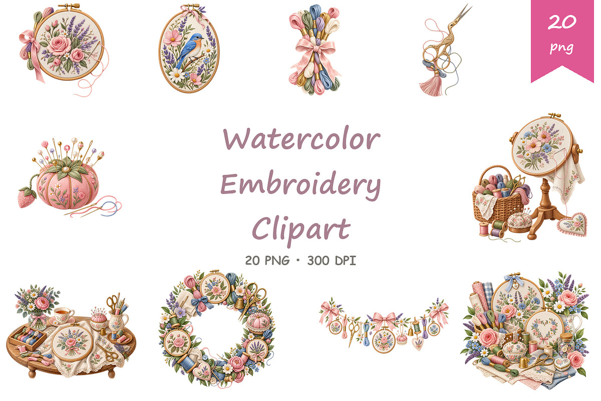 Watercolor Embroidery Clipart, a Decorative Illustration by BerryPieArt (Photo 1 of 4)