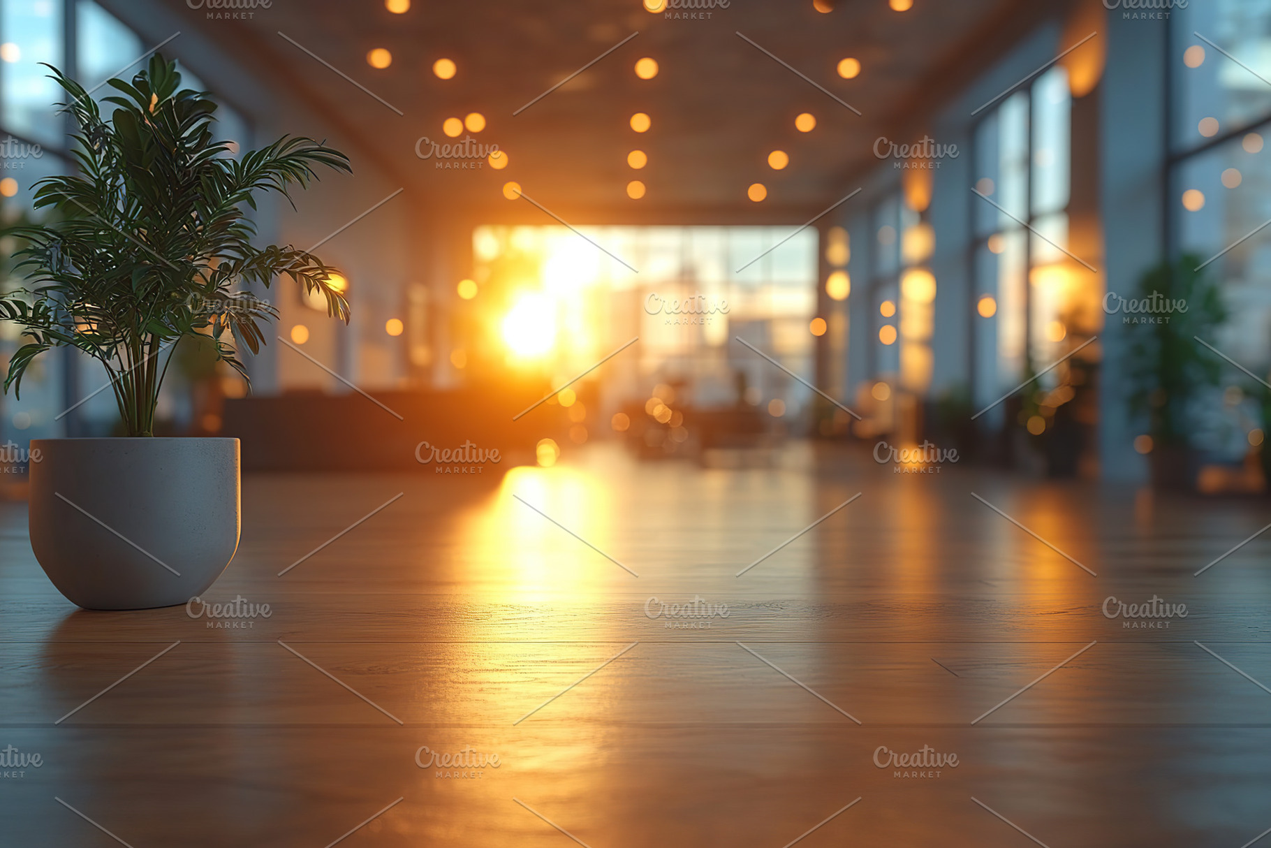 Modern business space with sunset lighting and indoor plants, an Architecture Photo by AlyaAnd