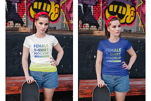 Female T-Shirt In City PSD Mockups